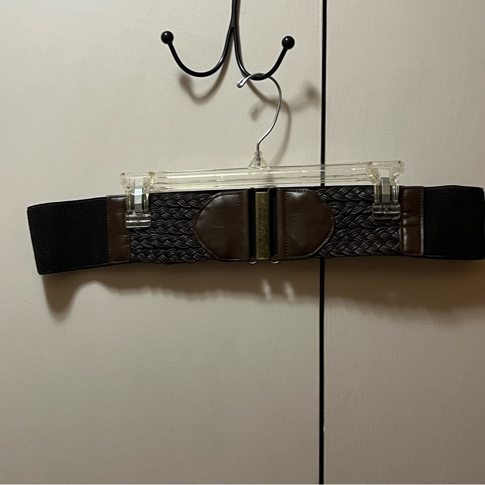 Brown Woven Leather Belt with Metallic Buckle